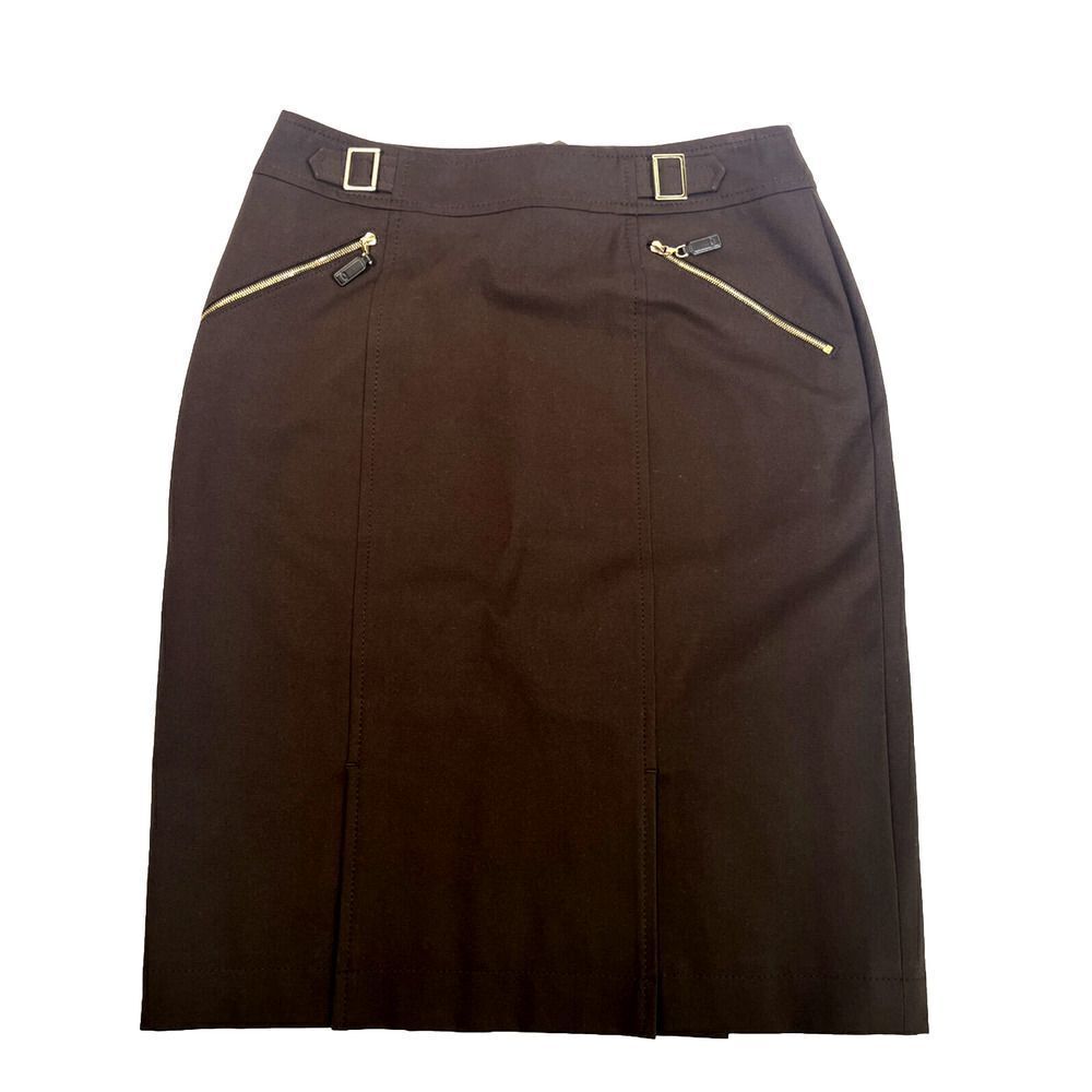Escada Skirt Brown Pencil Gold Zipper Pockets Size 4 US 34 German Designer‎